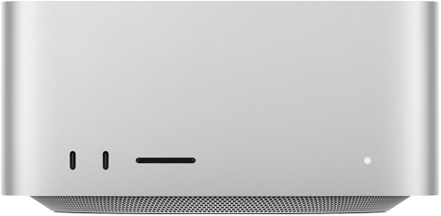 Mac Studio, front, two USB-C ports, SDXC card slot, status indicator light, tapered base at bottom, flat top, rounded sides, straight edges, silver color