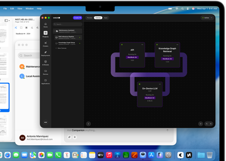 MacBook Air, screen shows a Large Language Model workstream on WebAI