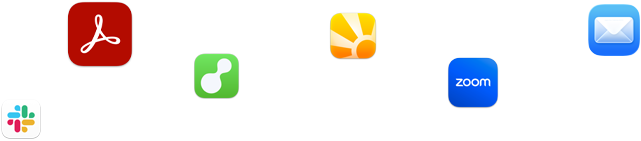 A variety of app icons in a scattered array including Slack, Zoom, Mail, and more