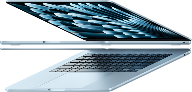 Two open MacBook Air laptops in sky blue color forming arrow shape, emphasizing narrow profile