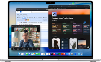 MacBook Air, screen shows Notion, Jira, and Zoom open in three separate windows, to show that macOS enables running multiple apps smoothly