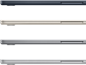 Four MacBook Air laptops, closed, showing the finish colors available: Midnight, Starlight, Space Gray, and Silver