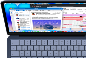 MacBook Neo, indigo color, person is using it to multitask, checking their emails with Outlook and tracking a project schedule with Asana