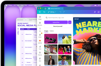 MacBook Neo display, showing a colorful social media plan on Preview and a vibrant flyer for a local market being designed on Canva, both look stunning on this brilliant display
