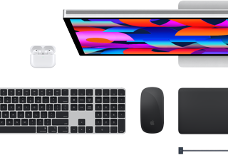 Mac accessories: Airpods, Studio Display, Magic Keyboard, Magic Mouse, Magic Trackpad, MagSafe charge cable in Space Black