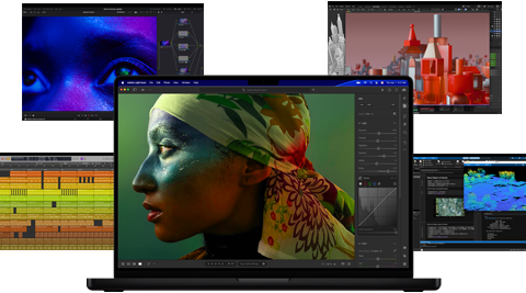 A variety of colorful screen content from music production, video editing, 3D animation, and photo editing apps on Mac, demonstrating powerful graphics performance