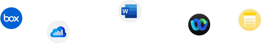 Various app icons in a scattered array, including Webex, Zoom, Box, JigSpace, SAP Analytics Cloud, Microsoft Teams, Microsoft Word, Microsoft Powerpoint, Onshape Vision, Notes