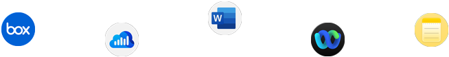 Various app icons in a scattered array, including Webex, Zoom, Box, JigSpace, SAP Analytics Cloud, Microsoft Teams, Microsoft Word, Microsoft Powerpoint, Onshape Vision, Notes